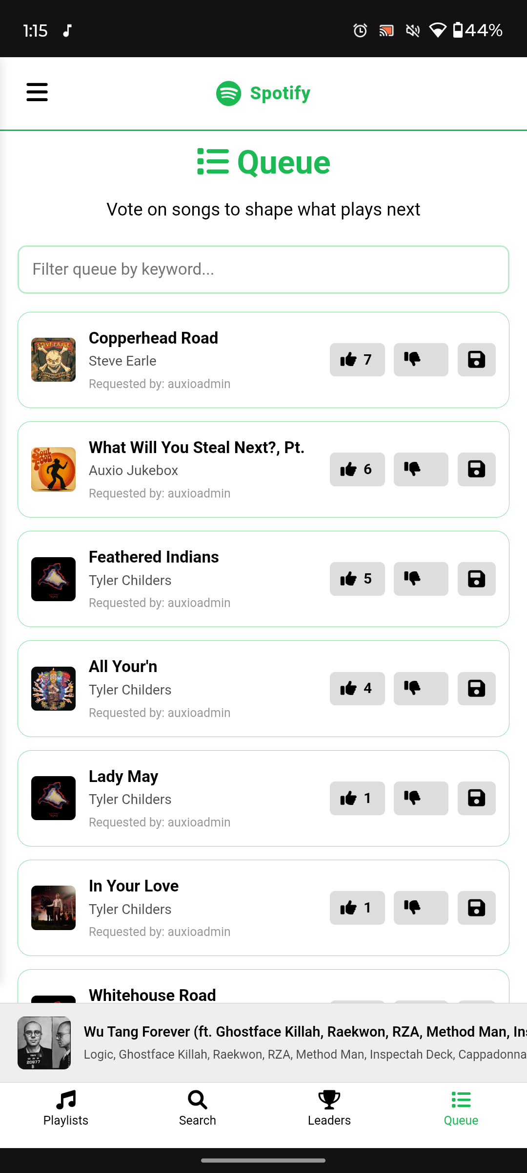 Guests voting on songs in an Auxio queue