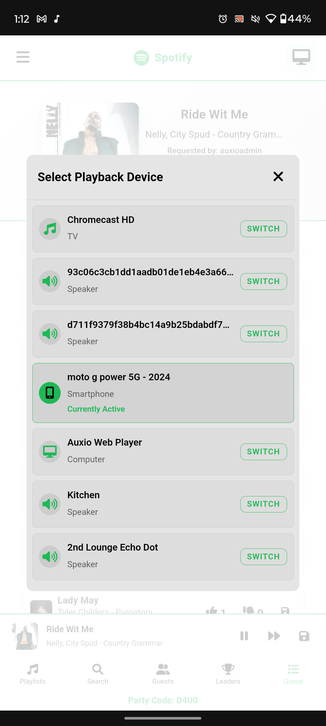 Auxio playback on a connected device