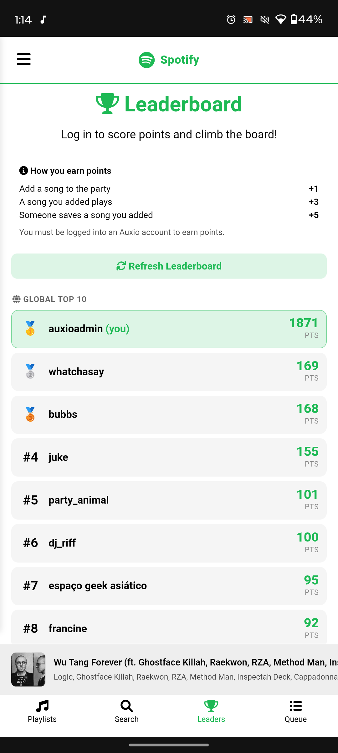 Auxio party points leaderboard