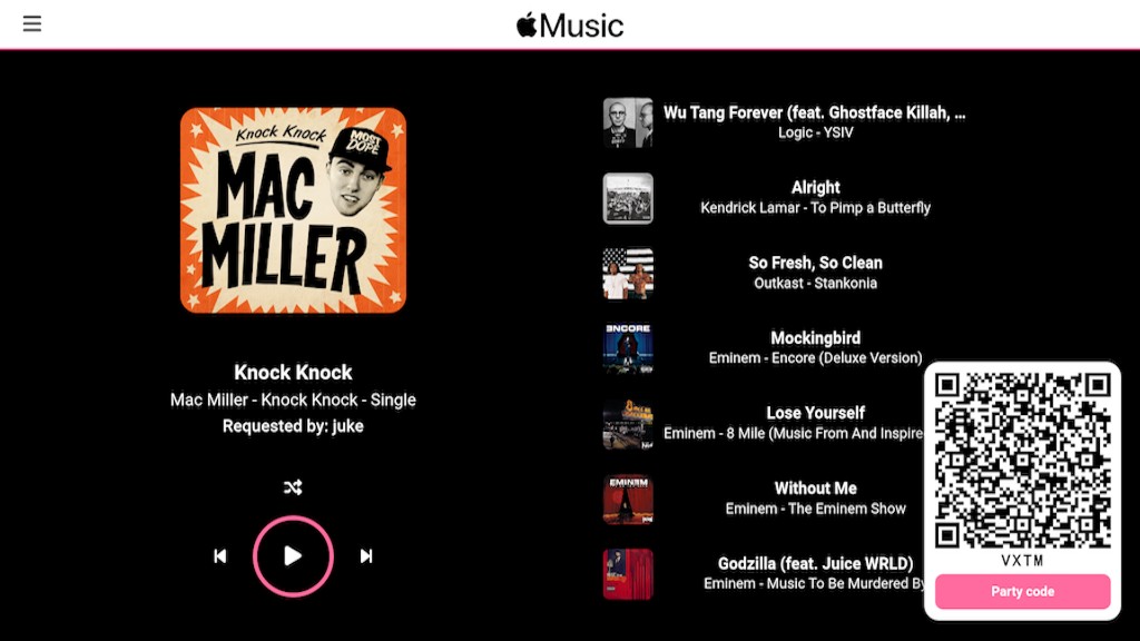 Auxio Apple Music TV view with now playing, queue, and party QR code